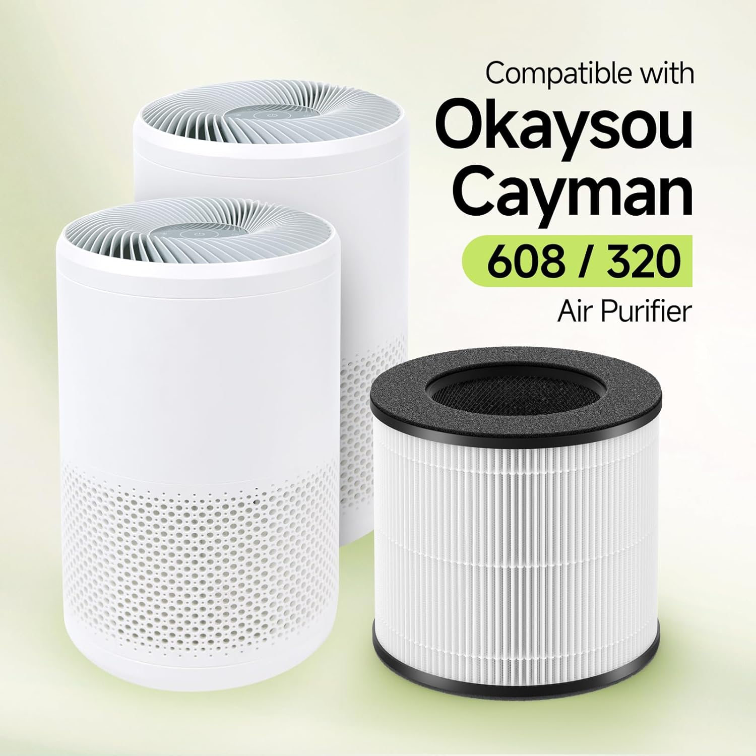 Cayman 608 320 Replacement Filter Compatible with Okaysou Cayman 608, Cayman 320 Air Cleaner Purifier, 3-in-1 Filter of Activated Carbon and Fine Pre-Filter, 2 Packs