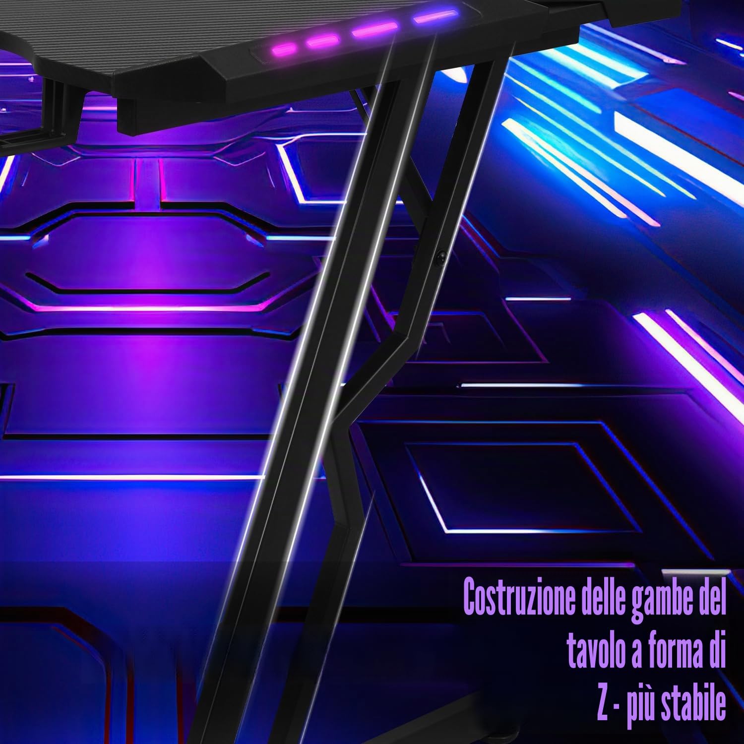 Scrivania Gaming LED 140 x 60cm, Tavolo Gaming Ergonomica, Postazione Gamer con Superficie in Fibra di Carbonio, Scrivania per Computer con Porta Tazza e Gancio per Cuffie, Nero