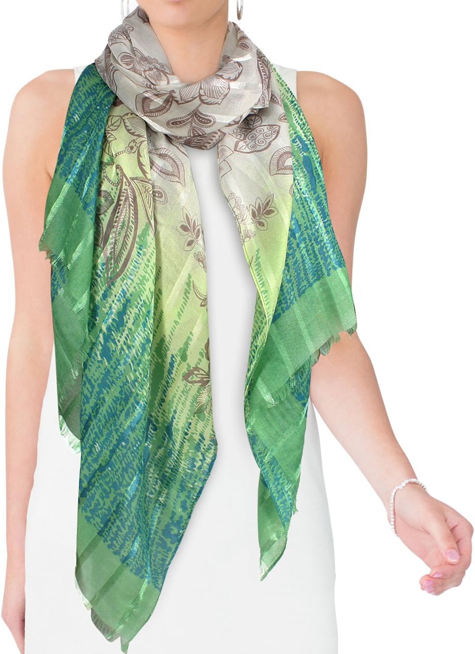 Floral Vine Striped with Three-Tone Ends Long Scarf Shawl Sarong