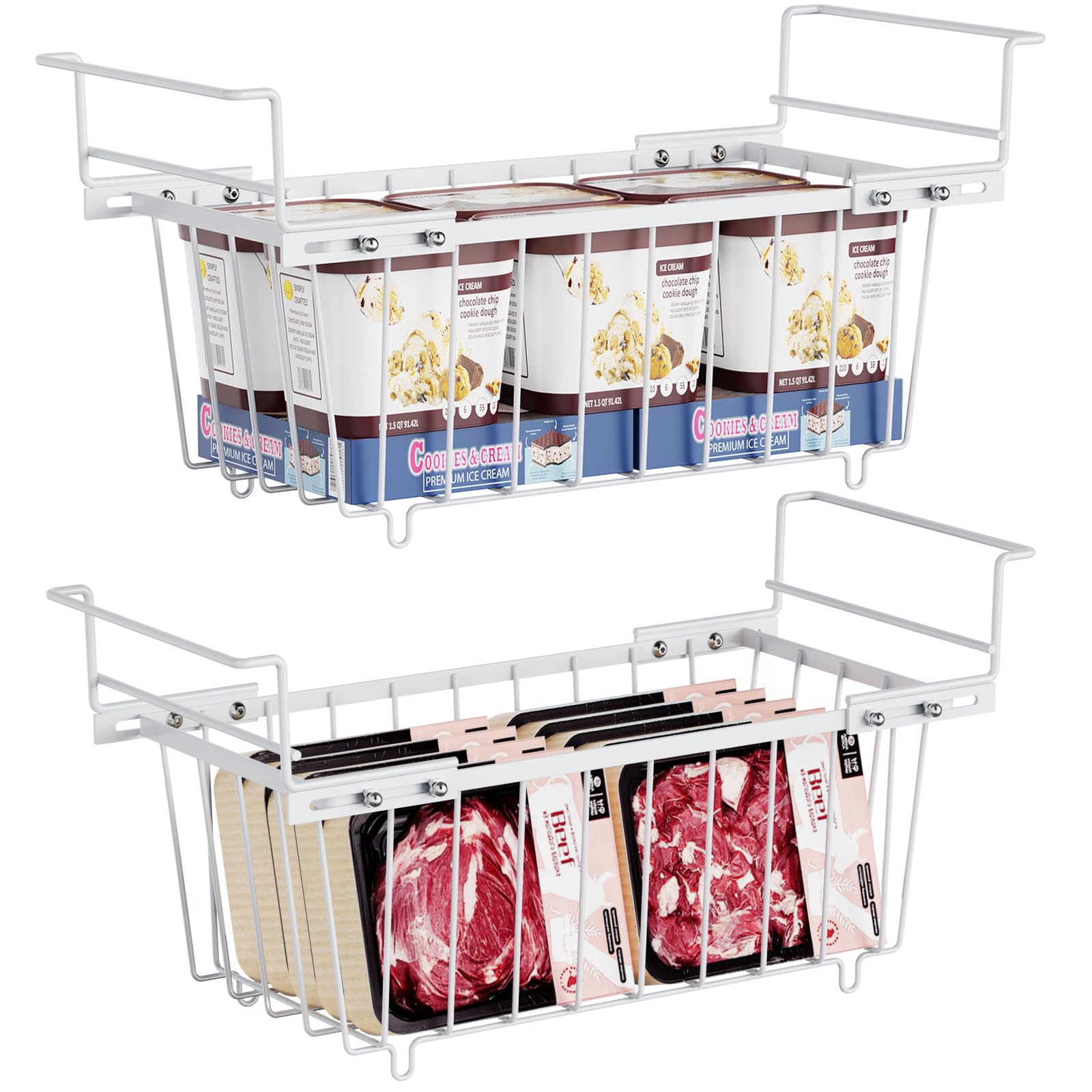 iSPECLE2 Pack Freezer Organiser - Small Hanging Baskets for 198L Chest Freezer Add Space Storage Wire Baskets Easy to Sort and Get Foods from Bottom with Expandable Handles, White