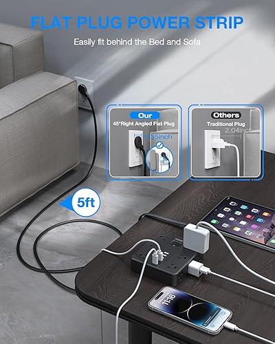 Miniatura 3 de HUNIAN - Protector de sobretensiones de enchufe plano, cable de extensión de 5 pies con 12 salidas múltiples ampliamente espaciadas, 6 cargadores