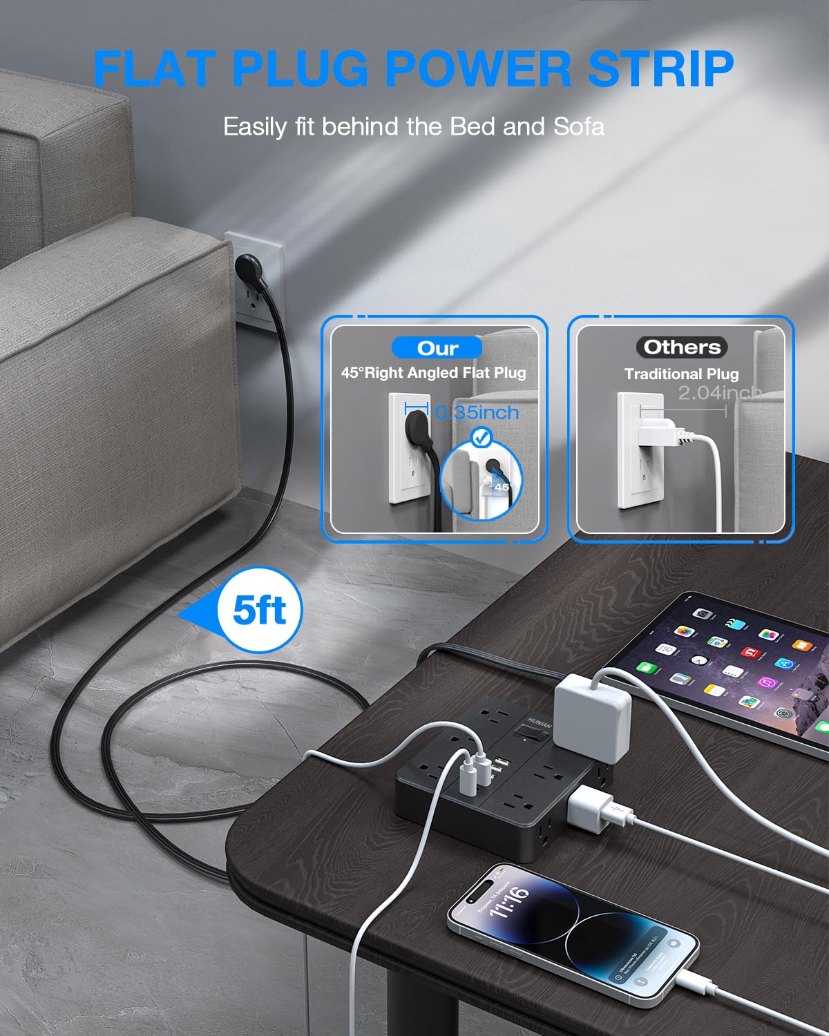 HUNIAN - Protector de sobretensiones de enchufe plano, cable de extensión de 5 pies con 12 salidas múltiples espaciadas, 6 cargadores USB (2 puertos USB C), estación de carga de computadora para