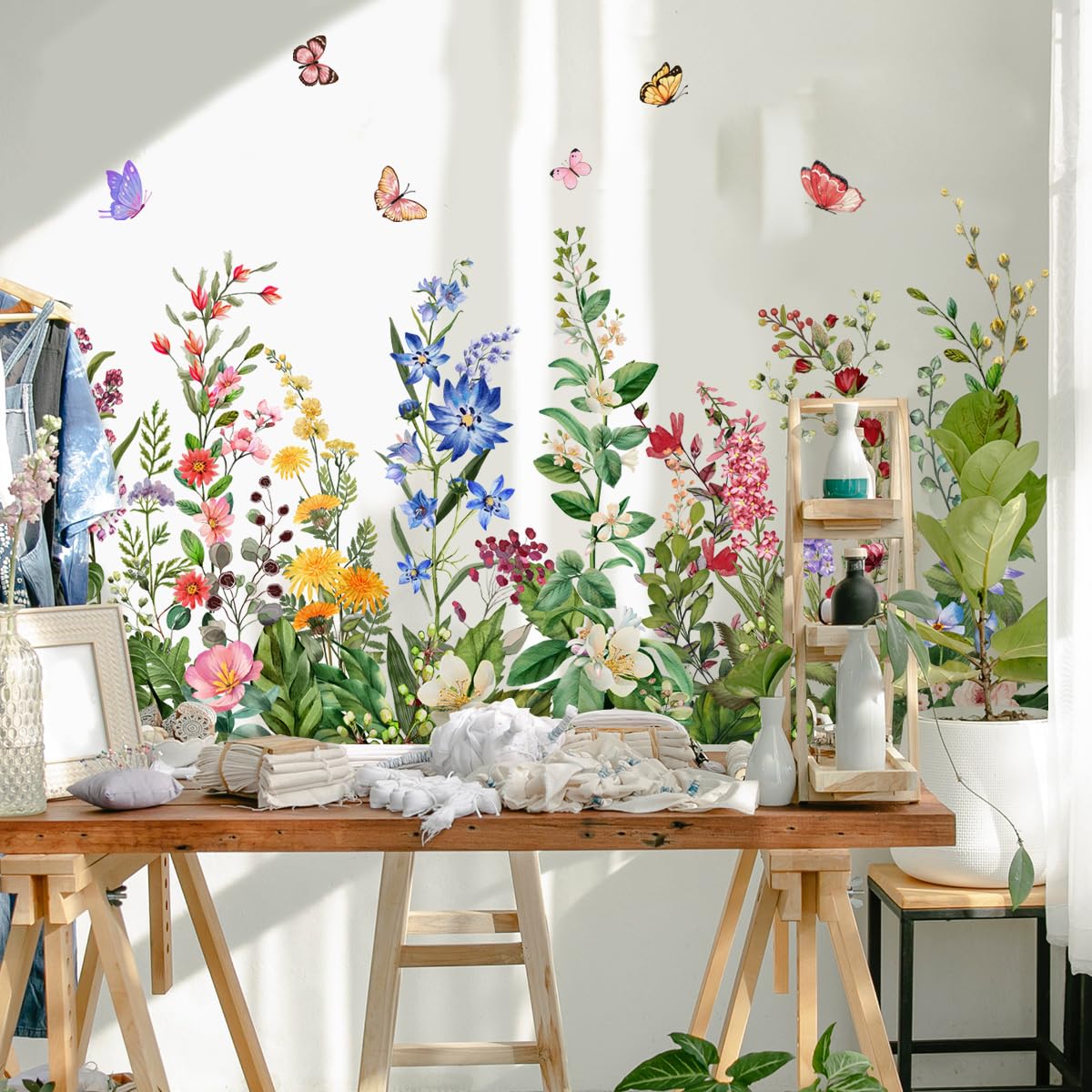 OUFEI Wall Stickers Art Floral Wallpaper Peel and Stick Hand-Painted Flowers and Plants Decals for Baby Kids Nursery Girls Bedroom Living Room Wall Decoration