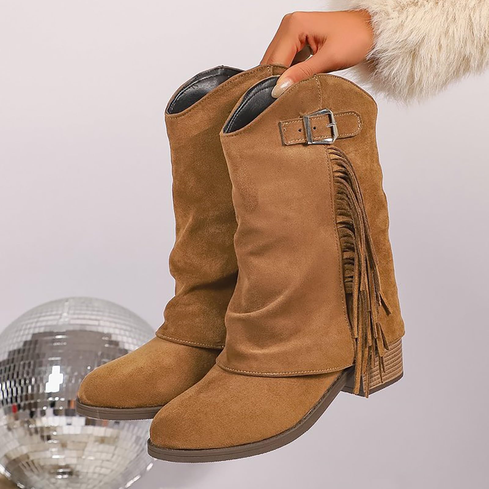 Stivali da cowboy da donna, a metà polpaccio, stile western, con tacco a blocco, bassi antiscivolo, scarpe vintage casual con fibbia, calzature per attività all'aperto, per concerti di musica country