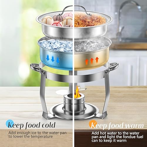 Miniatura 5 de BriSunshine Juego de 4 platos redondos para bufé, platos de acero inoxidable de 4 cuartos de galón con tapa de vidrio y soporte de tapa,