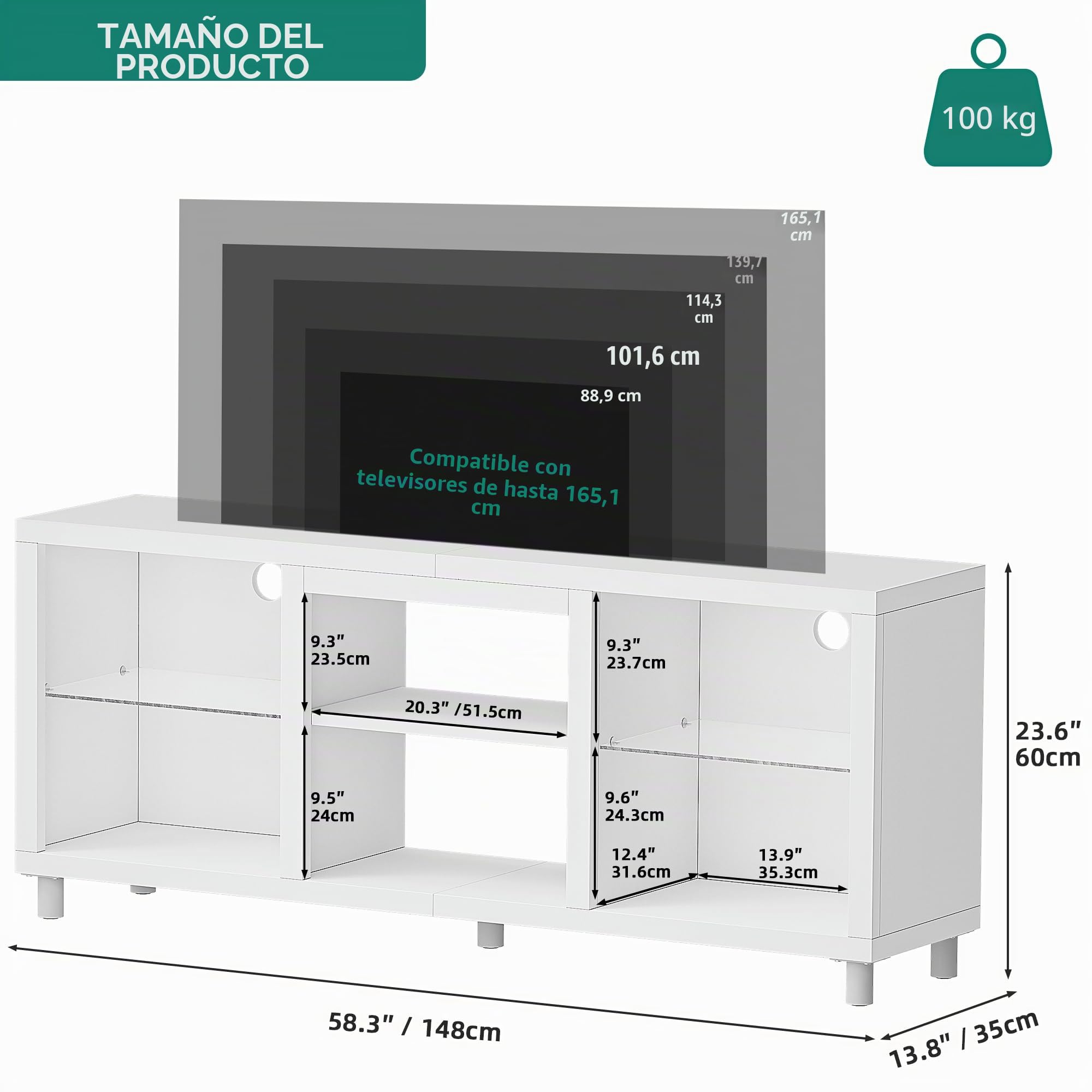YITAHOME Mueble de TV para televisores de 65", Mueble de TV para Salón con Luces LED, Consola de TV LED con Estante Ajustable para Sala de Estar 148x35x60cm (Blanco)