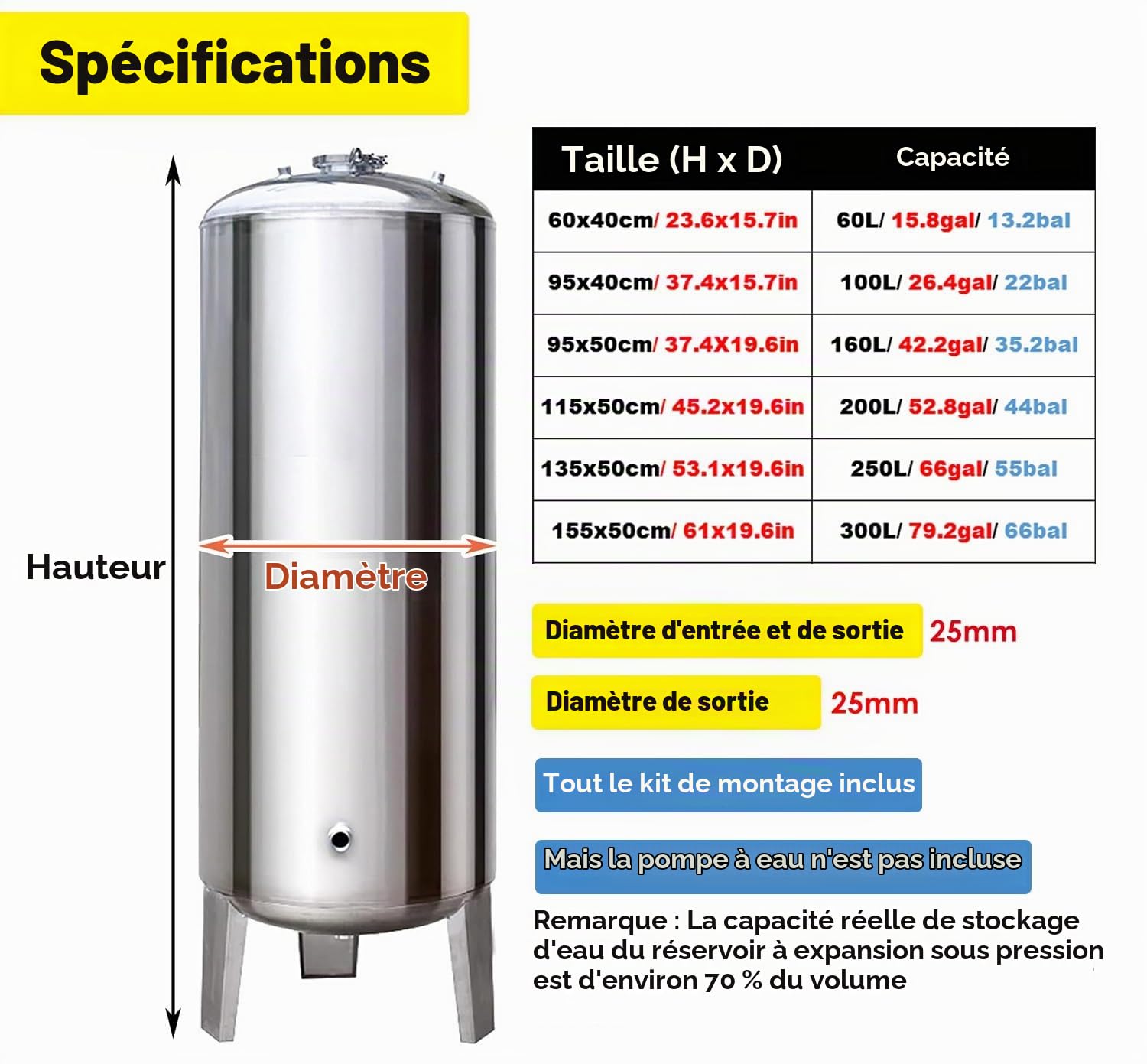 Surpresseur Réservoir Sous Pression D'eau D'acier Inoxydable de Ménage, Alimentation en Eau Automatique du Sous-sol - Capacité 60 100 160 200 250 300 L, Kit D'installation Complet(115x50cm(200L/52.8ga