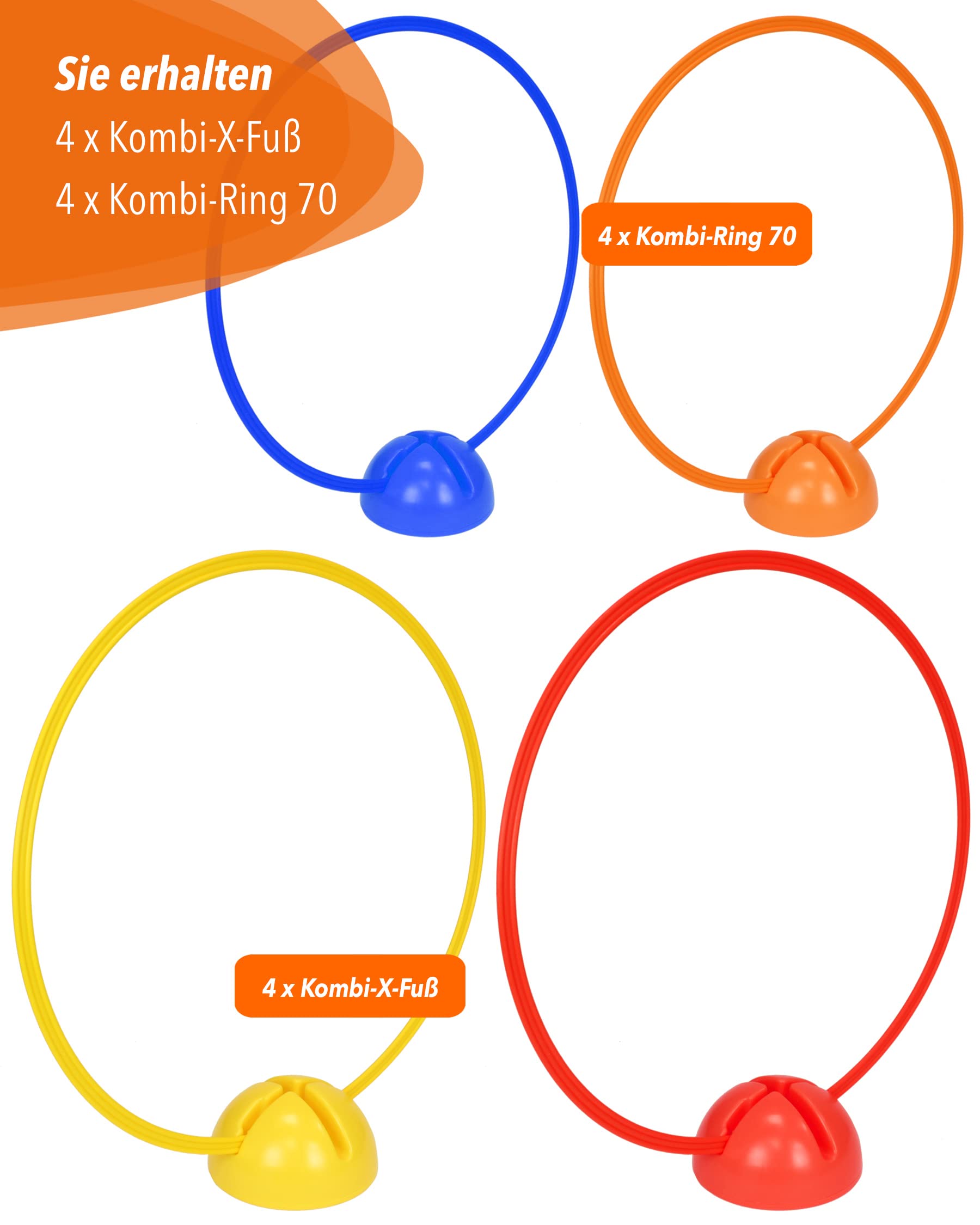 Kombi-X-Standfuß & Kombi-Ring 70 – 4er Set – Multi-Fuß zum Aufbau von Sprung- & Hürden-Parcours – Trainingshilfe für Fußball, Leichtathletik & Hundesport
