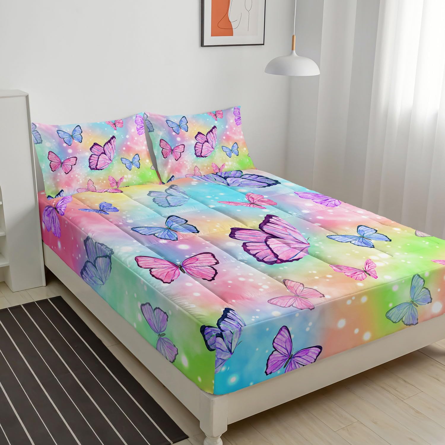 Datura home Fitted Mattress Pad Set for Girls Kids,Watercolor Butterfly Printed Mattress Pads Cover with 1 Quilted Fitted Sheet & 2 Pillowcases(Butterflies Full)