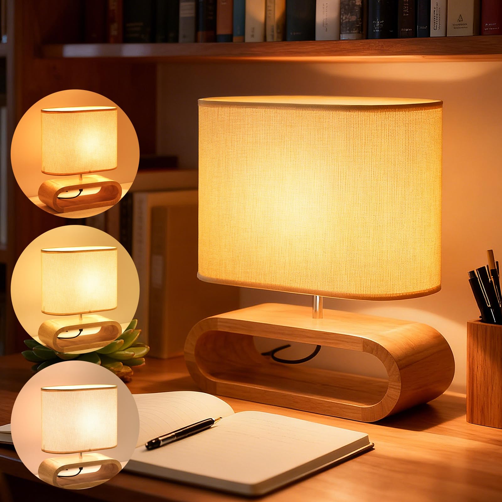 Lampada da comodino in legno, lampada da tavolo con attacco E27, lampada in legno con paralume in lino, stile country, illuminazione vintage per camera da letto e soggiorno, beige | Moderna lampada da