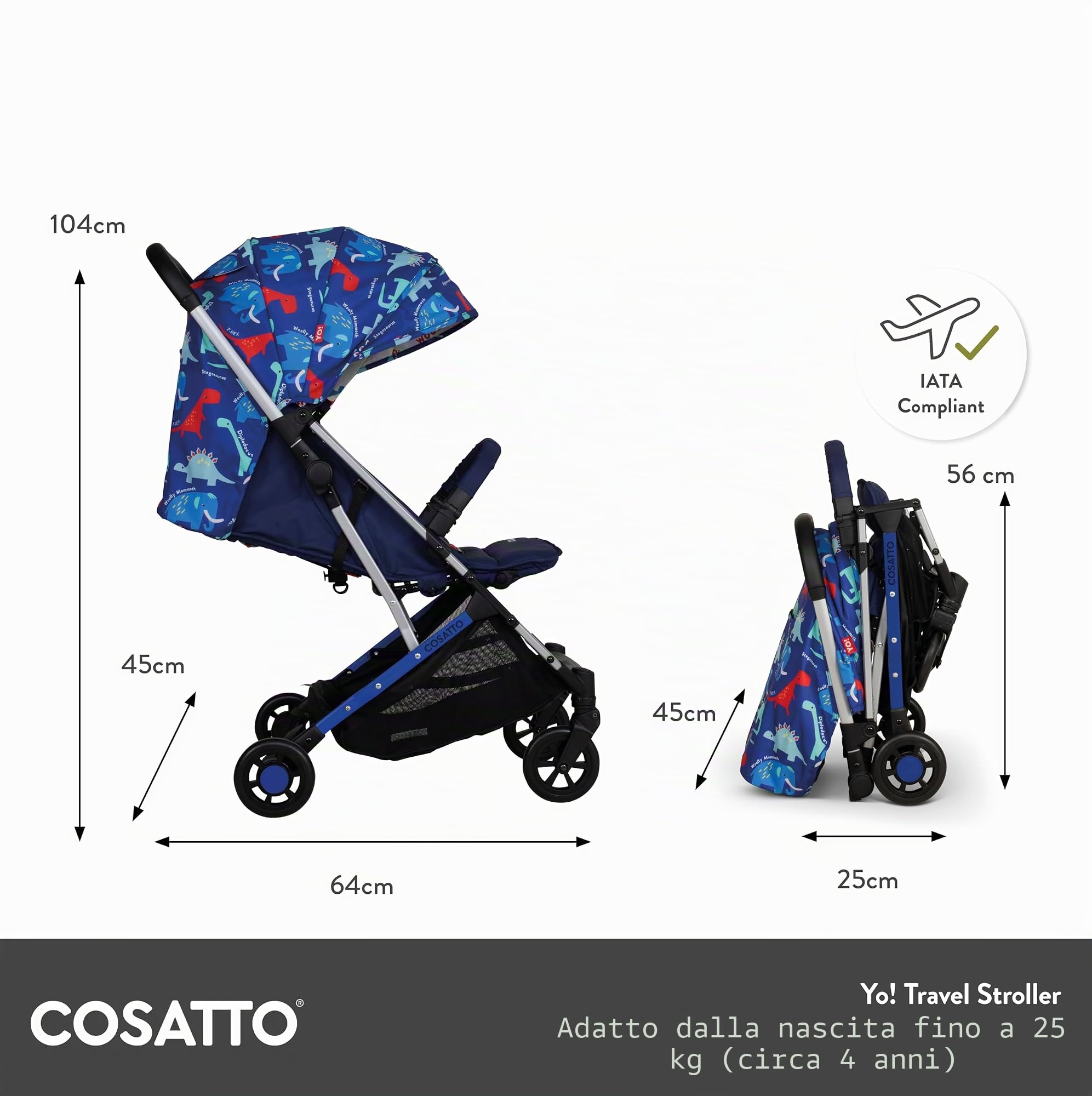 COSATTO Yo! - Passeggino leggero e compatto dalla nascita fino a 25kg,Compatibile con compagnie aeree, si inserisce nell'armadietto sopraelevato, ampio cestino da 8kg con parapioggia (silhouette)