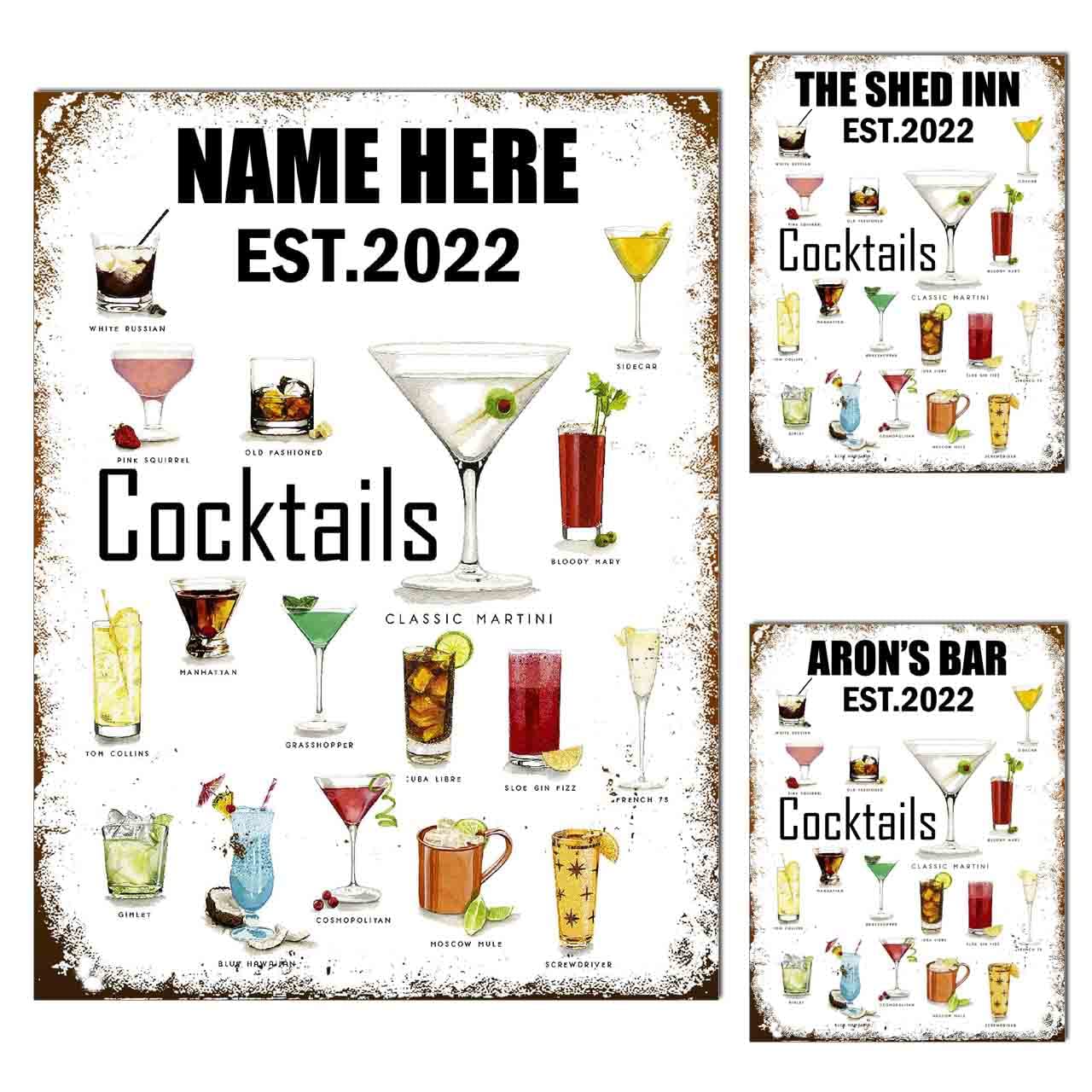 Cocktail Personalised Metal Sign Plaque For Home Bar Mancave Garage Shed Garden Ref0021A PER (10X8 inches (Approx)25cmx20cm)