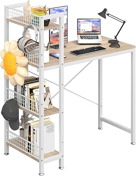 4NM 35.4" Small Computer Desk with 4-Tier Bookshelf and 8 Hooks, Home Office Desk Writing Workstation Study Table for Small Space Work - Natural and White