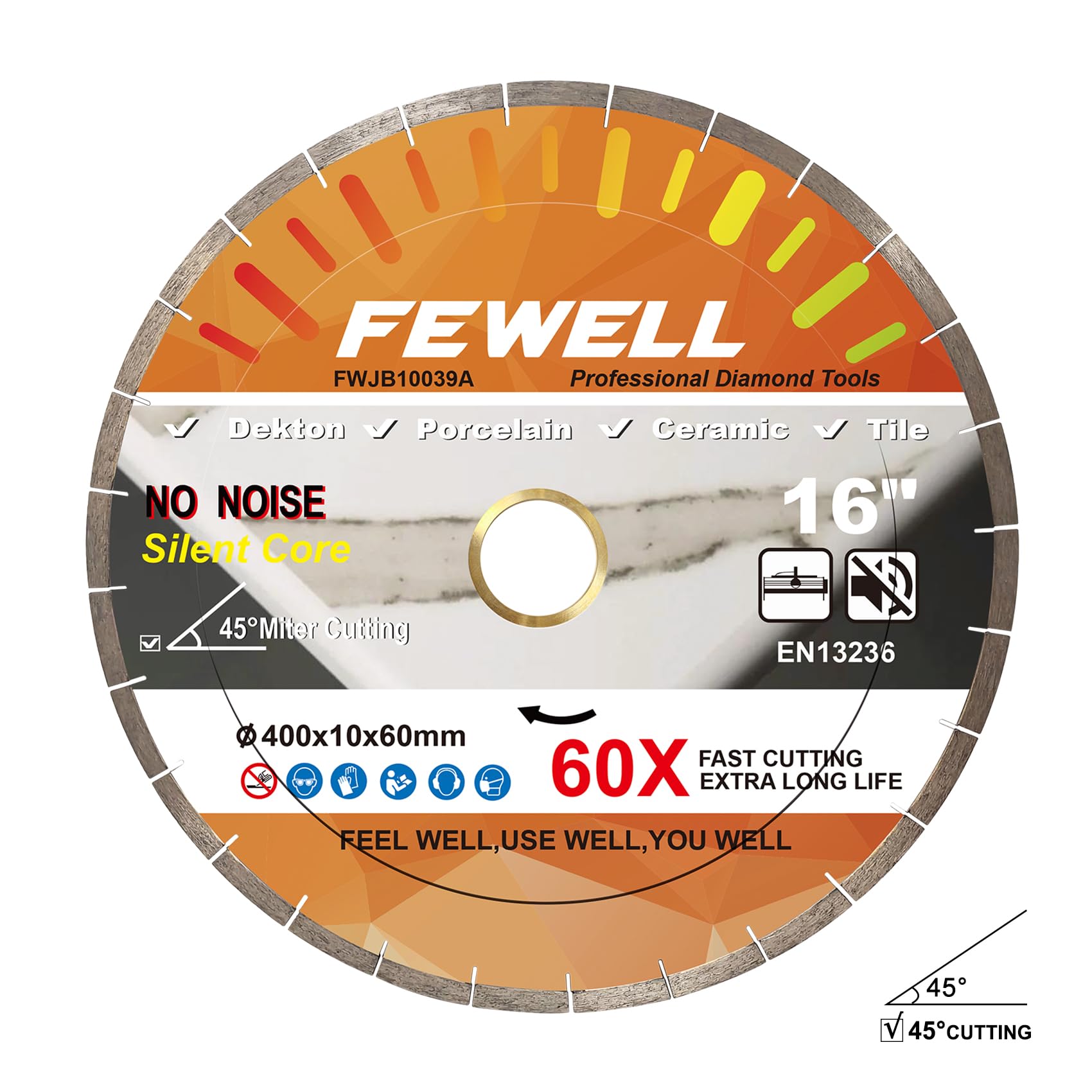 FEWELL 16inch Porcelain Bridge Saw Blade 45° Miter Cutting Silent Dekton Diamond Saw Blade 10mm Segment Wet Cutting Dekton Tile Porcelain 400x10x60/