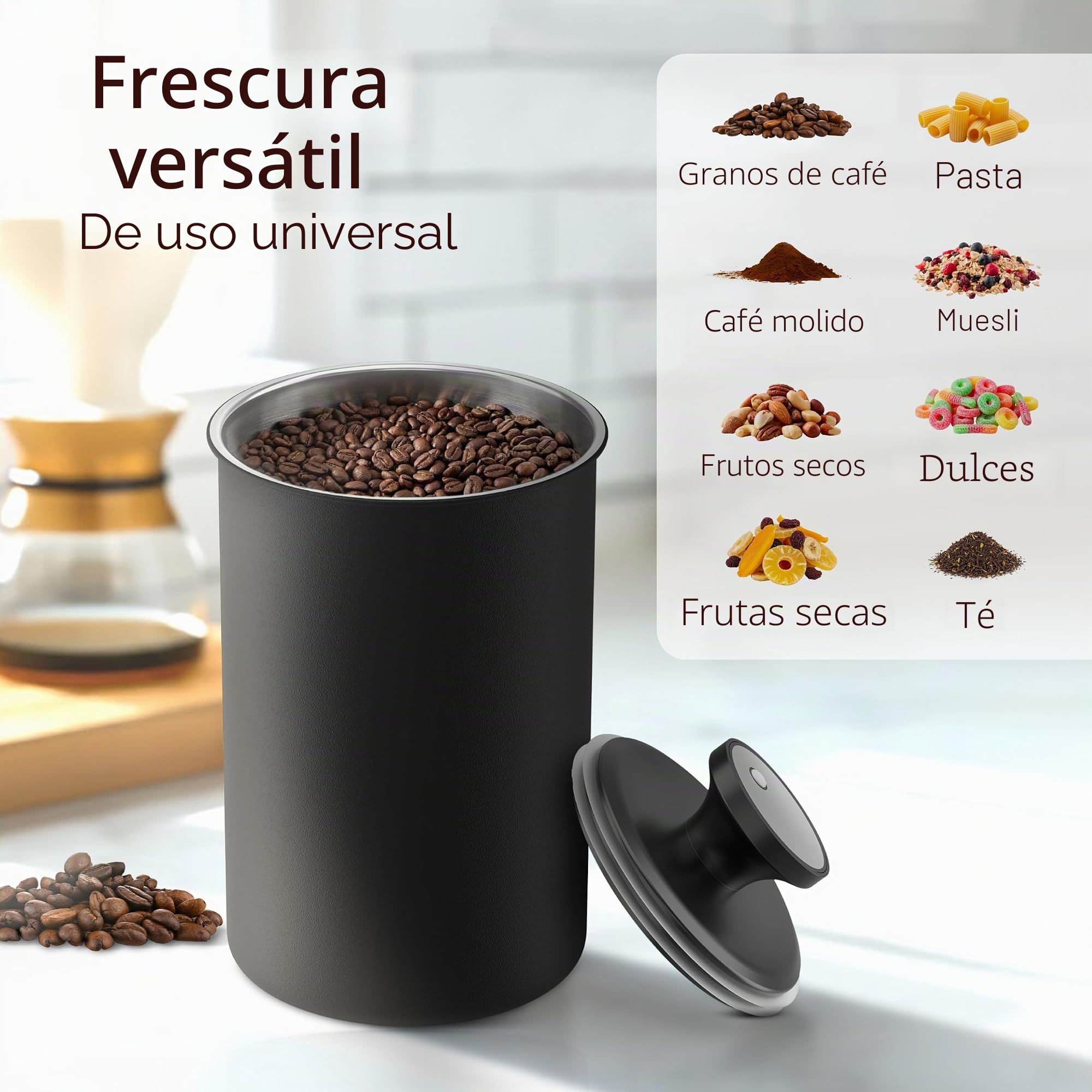 KC Kitchen & Co. Lata de café hermética para 500 gramos de granos de café, de acero inoxidable, con tapa al vacío y cierre de aroma, lata de almacenamiento para café, té, azúcar, cereales, color negro
