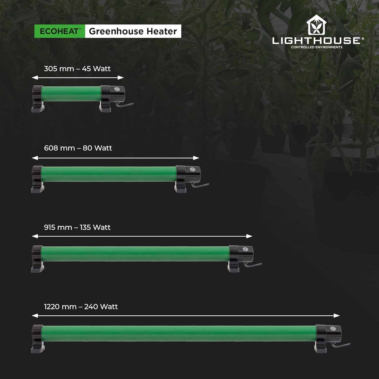 Diagram showing dimensions and wattage of LightHouse Eco Heat heaters