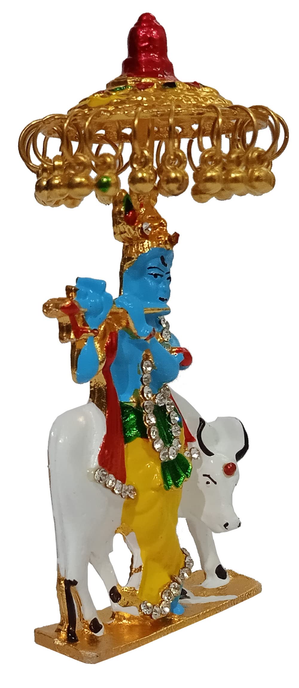 Purpledip Metal Idol Chhatra Krishna: Collectible Statue Of Divine Kamdhenu With Gopala Under Canopy (12453) - Image 3