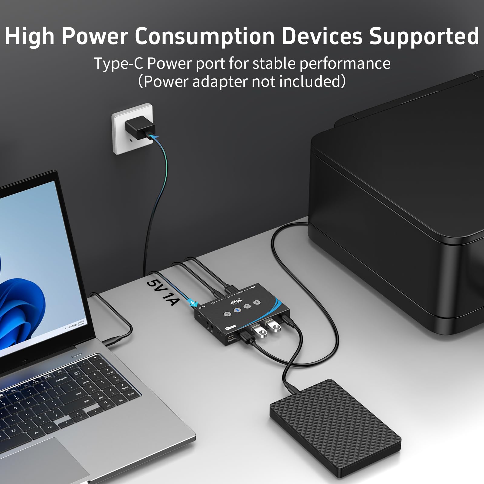 eKL Interruptor USB 3.2 para 4 computadoras, 2 entradas USB-C + 2 USB-A de 10 Gbps, comparte 1 USB-C + 3 periféricos USB-A como mouse y teclado, impresora, escáner, con conector para auriculares de