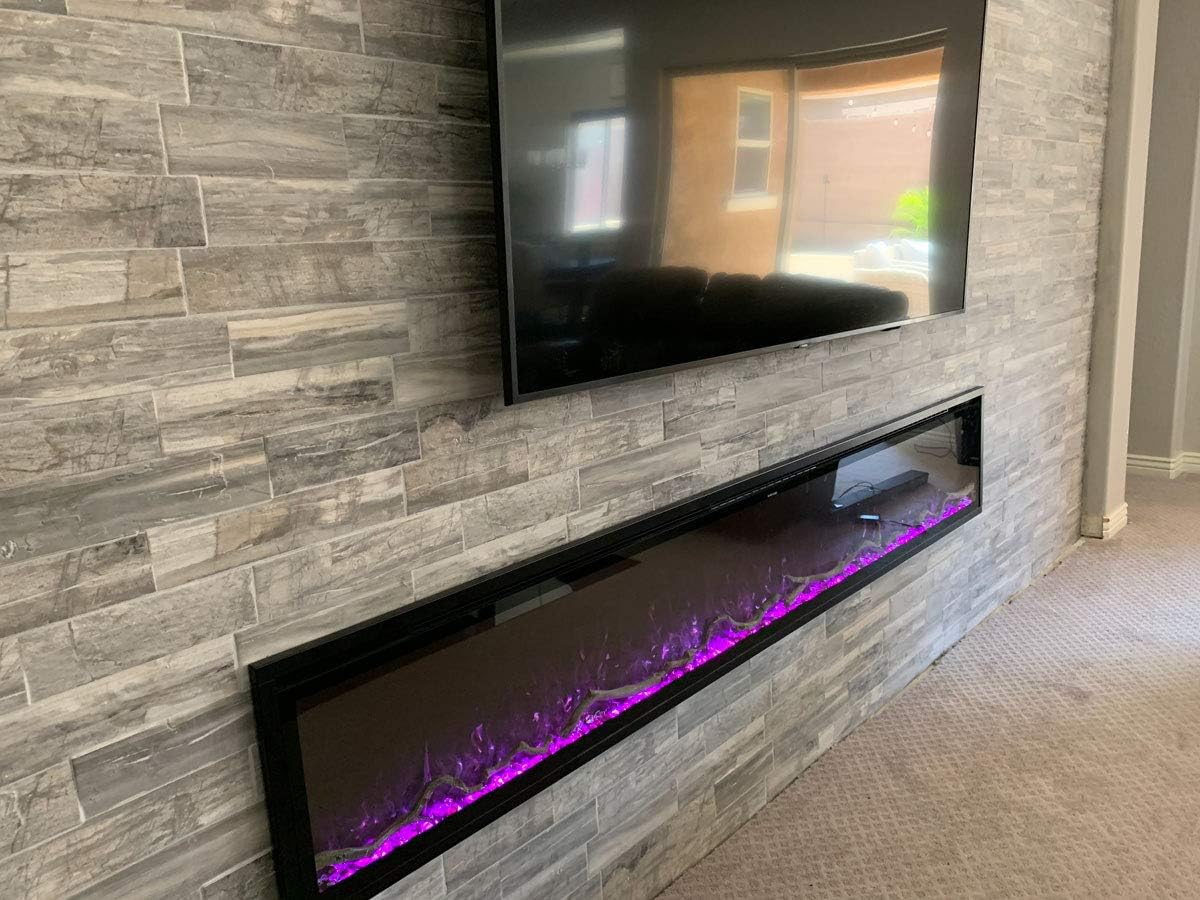 Modern Flames Spectrum Slimline Electric Fireplace installed in a wall with purple flames
