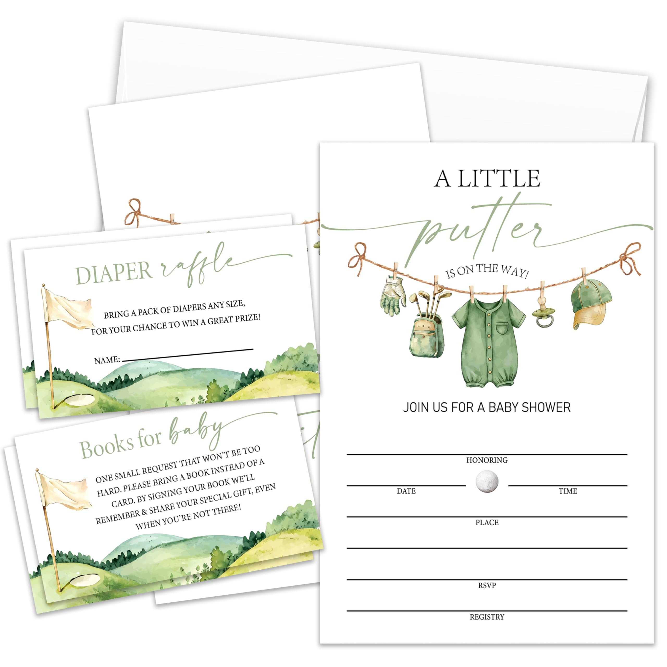 A Little Putter is on the Way Golf Baby Shower Invitations For Girl Boy, Golf Boy Girl Baby Shower Invites Diaper Raffle Tickets, Book Request Cards Fill in Blank (25 Pcs & Envelopes)/Set-09