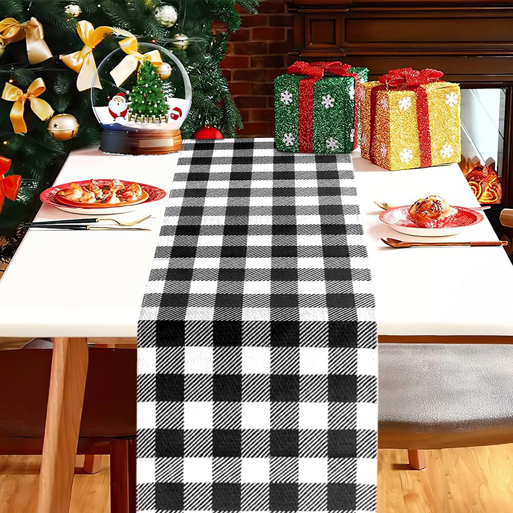 Plaid Table Runner, Checkered Table Runner Black and White Table Runner Buffalo Check Table Runner Easy Care Farmhouse Table Runner for Christmas Dinner Home Kitchen Thanksgiving Decor, 13 x 70 Inches