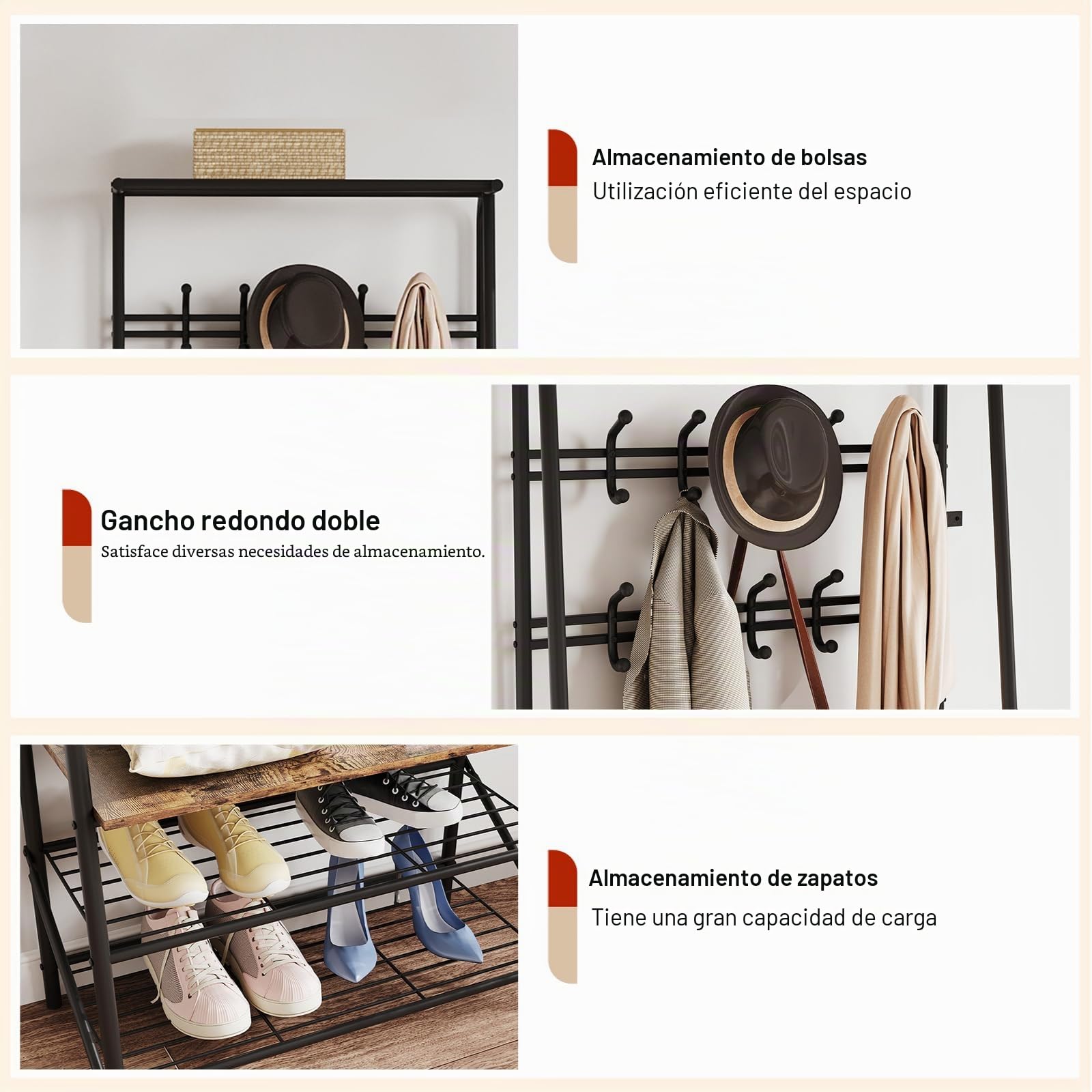 Garvee Perchero Con Zapatero Mueble Recibidor,10 Ganchos Extraíbles, Estructura Metálica Para Entrada, Puerta Principal Y Vestíbulo, Dimensiones 64×29×180 cm