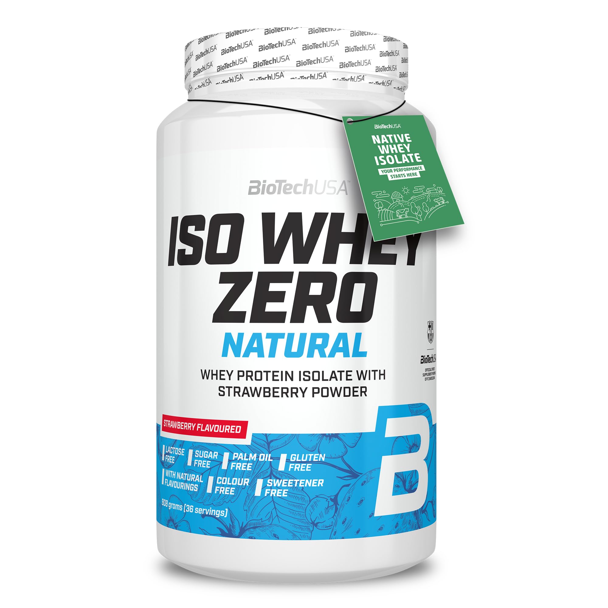 BioTechUSA Iso Whey Zero Natural | Isolat de lactosérum | Arômes naturels | Sans édulcorants ni colorants | Aucun conservateur | Sans lactose, sucres & gluten | 908 g | Fraise