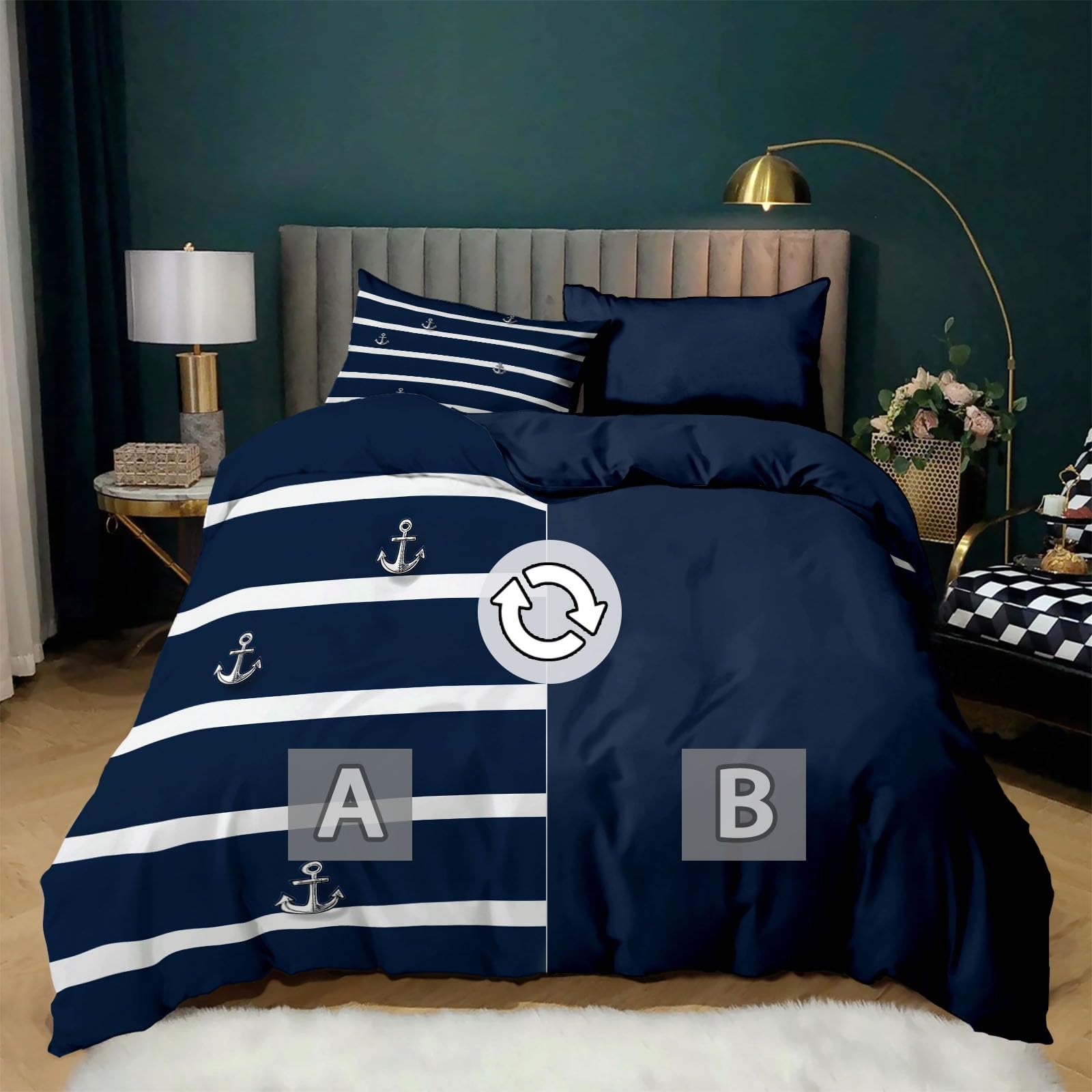 Housse de Couette Bleu Marine Blanc Rayures Parures de lit 220 x 240 cm Garçons Filles Adulte Ado, Parure de Lit Microfibre