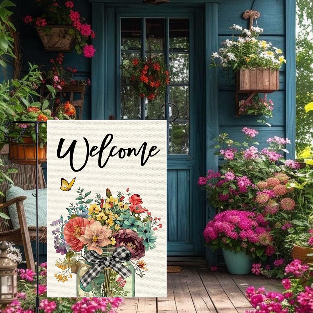Welcome Spring Summer Floral Garden Flag Mason Jar Flags Buffalo Plaid12x18 Inch Burlap Double Sided Butterfly Colorful Floral Small Lawn Seasonal Rustic Farmhouse Holiday Yard Outside Flag Decorations - Image 5