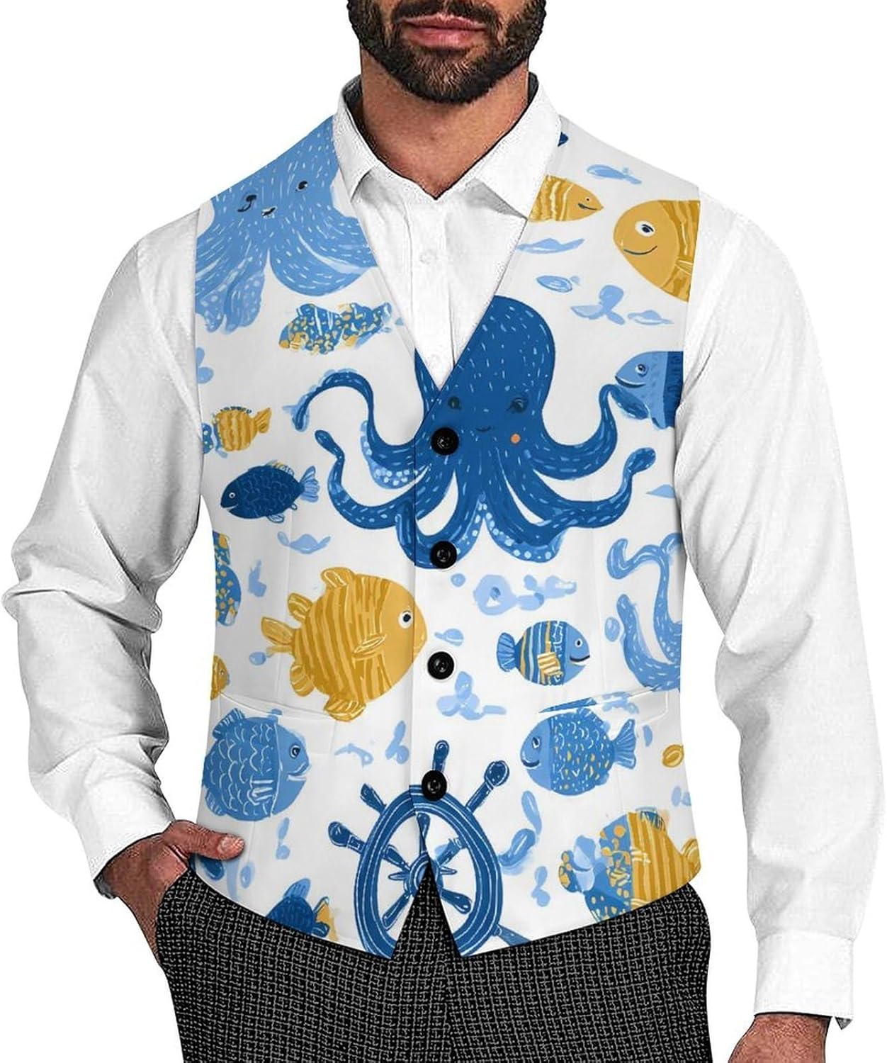 Octopuses Fish Ship Wheels Fashion Suit Vest for Men Slim Fit Waistcoat Business Casual Dress Tuxedo