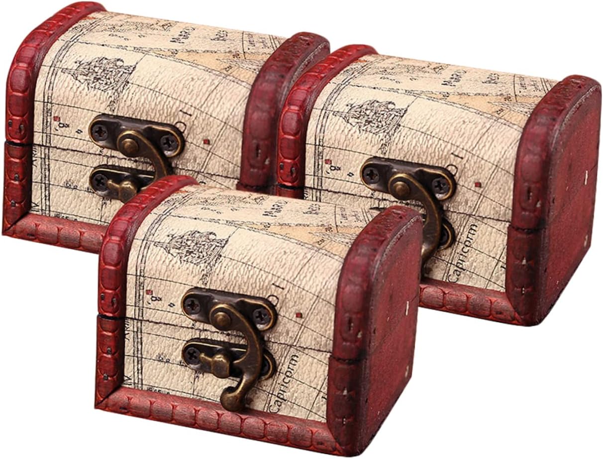3pcs Vintage Wooden Treasure Chest Candy Box European Style Trinket Storage Case for Jewelry Crafts and Toys for Pirate Theme Parties and Home Decor