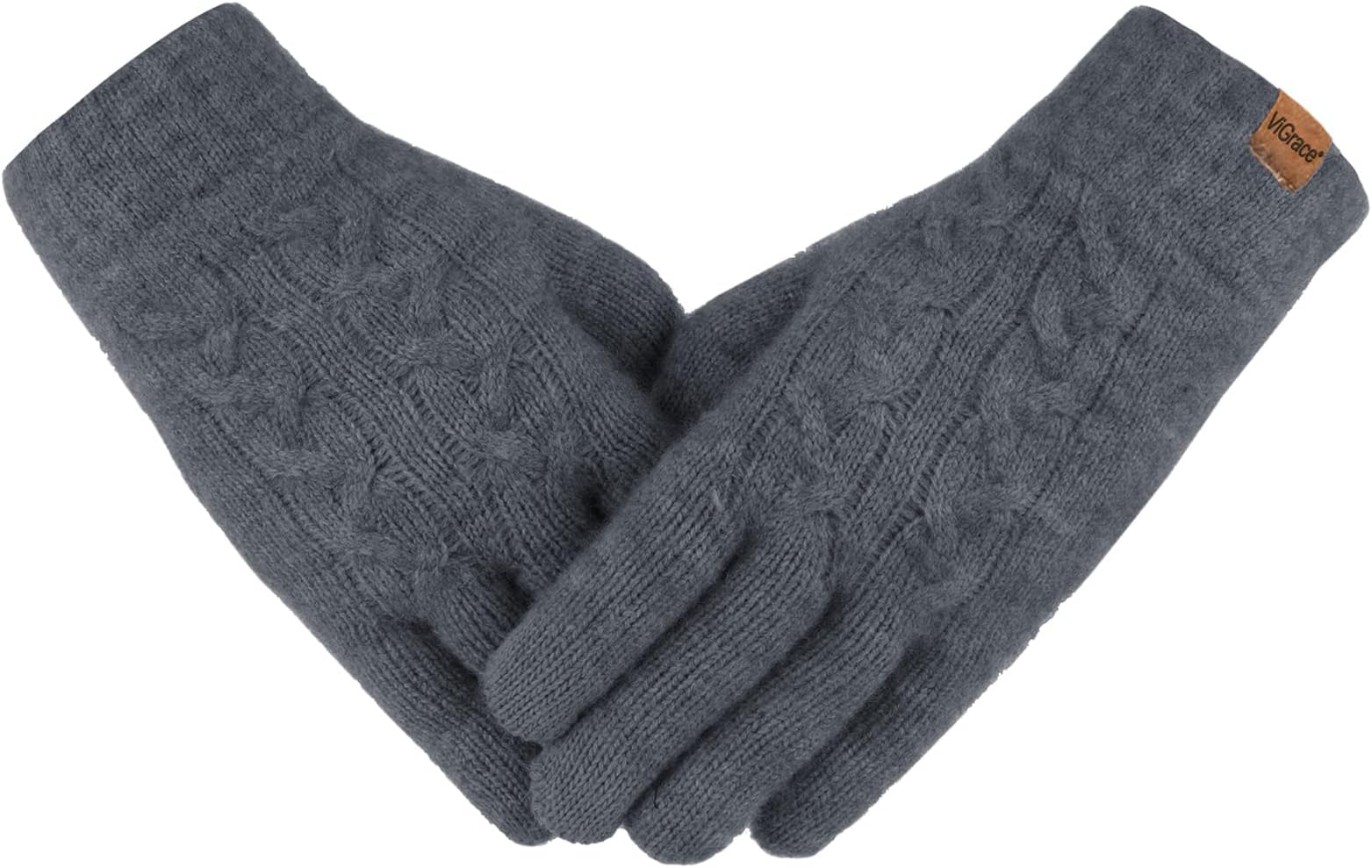 ViGraceWomen's Winter Warm Touch Screen Gloves Cable Knit Wool Fleece Lined Touchscreen Texting Mittens for Women