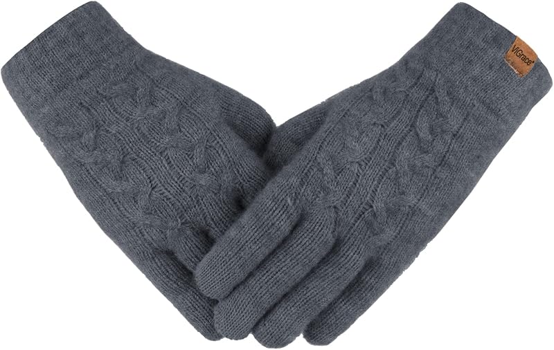 ViGrace Women's Winter Warm Touch Screen Gloves Cable Knit Wool Fleece Lined Touchscreen Texting Mittens for Women