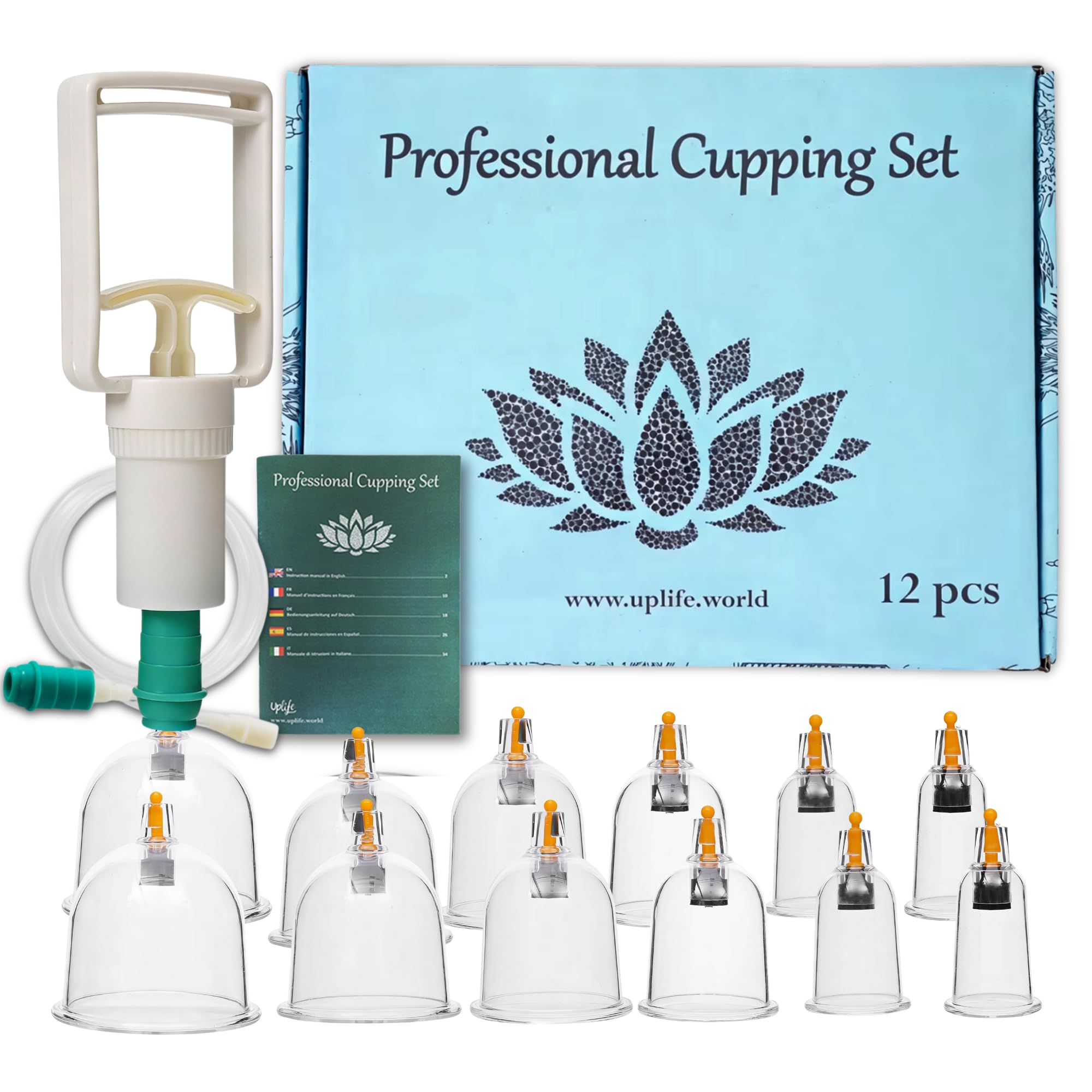 Uplife Set de 12 Ventosas Fisioterapia - Ventosaterapia Masaje de Espalda, Dolor de Espalda y Cuello, Vacumterapia Glúteos - Masajeador para Celulitis y Masaje Anticelulítico Reductor