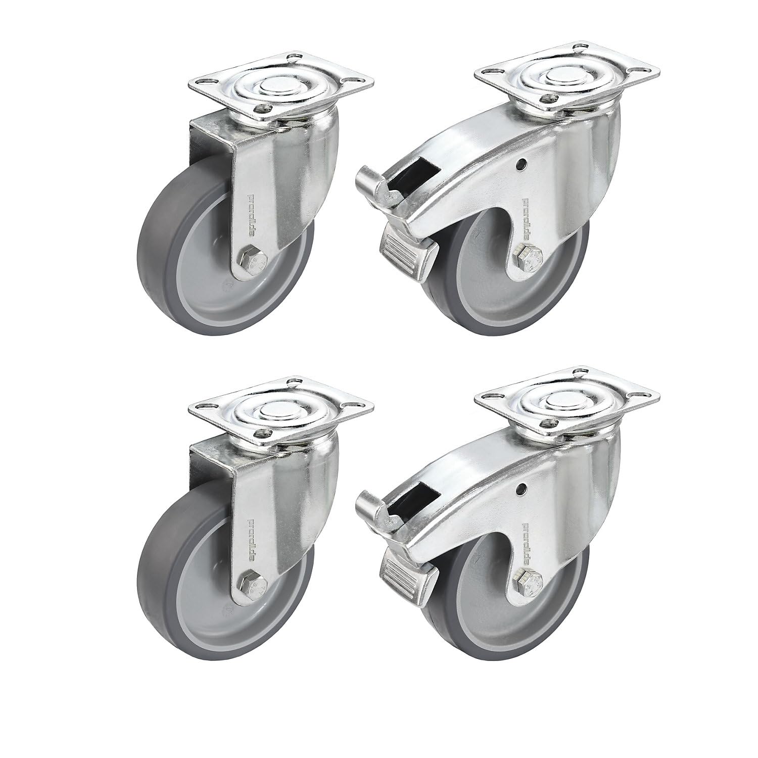 Set di ruote in gomma termoplastica | con piastra di montaggio | 2 rotelle pivottanti e 2 rotelle pivottanti con fermo doppio | Ø x larghezza ruota 75 x 25 mm | Con piastra di montaggio, 2 rotelle pivottanti e 2 rotelle pivottanti con fermo doppio, Ø x la