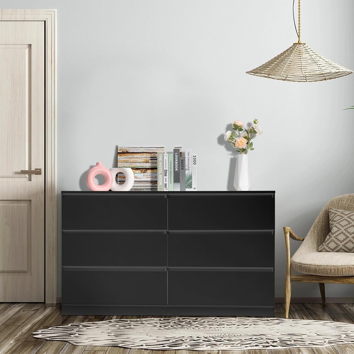 6-Drawer Dresser Black Wood Grain - Modern Bedroom Storage Cabinet, Wide Melamine Particleboard Dressing Table for Living Room, No Handle Clothes Organizer