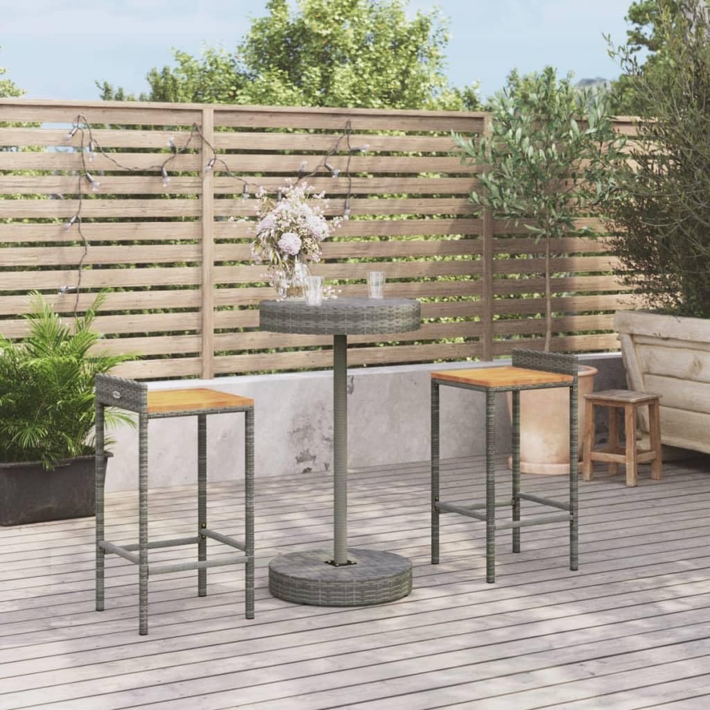 Modern Gray Garden Bar Set with Table and 2 Stools, Durable Synthetic Rattan and Acacia Wood Outdoor Furniture for Patio Dining