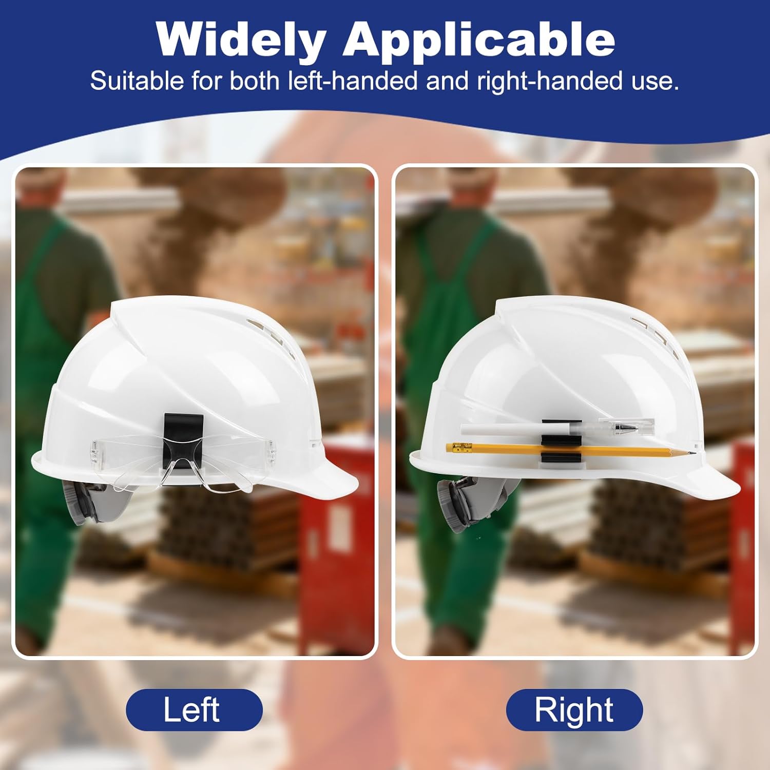 Hard Hat Accessory Clip Kit：3Pcs Pencil & Marker Holder Clip & 1Pcs Safety Glasses Clip Holder,No-Drill Hard Hat Clips On Tool Organizer for Standard Industrial Construction Helmet Slot