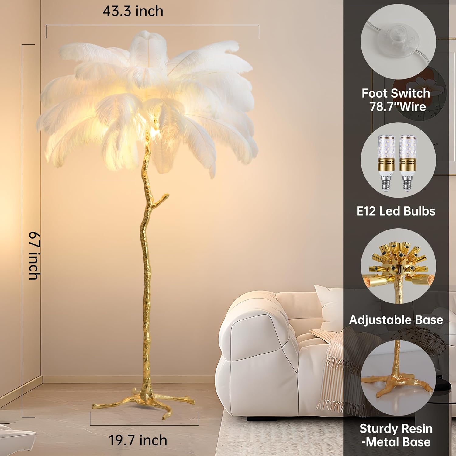 MAYOLA Luxury Resin Ostrich Feather Lamp, 35 Pieces Real Ostrich Feathers,Floor Lamp,for Living Room, Bedroom and Office 67” Tall Feather Lamp(White, Floor Lamp)