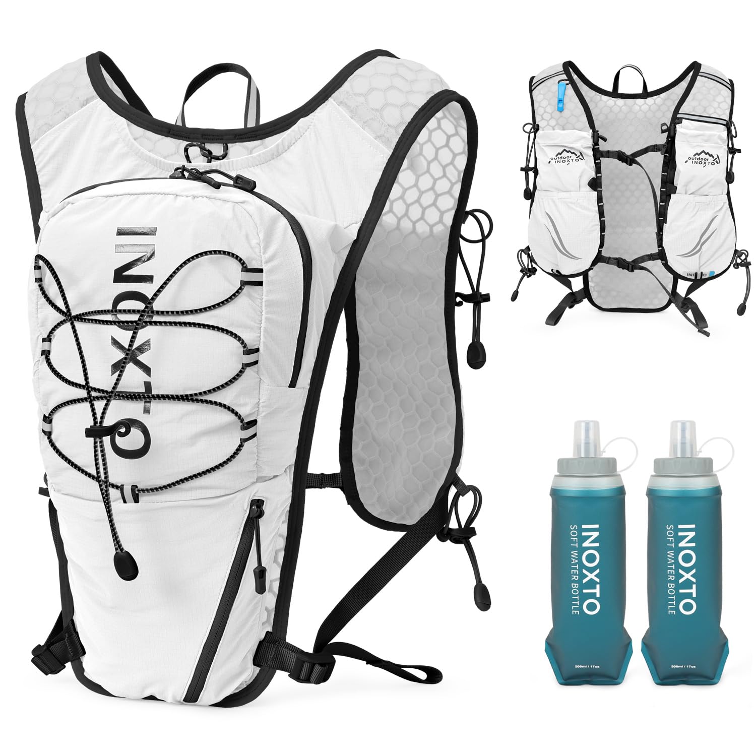 IX INOXTO Running Vest for Women Men, Adjustable Chest Straps Running Hydration Vest with 500ml Soft Flask, Lightweight Breathable Reflective