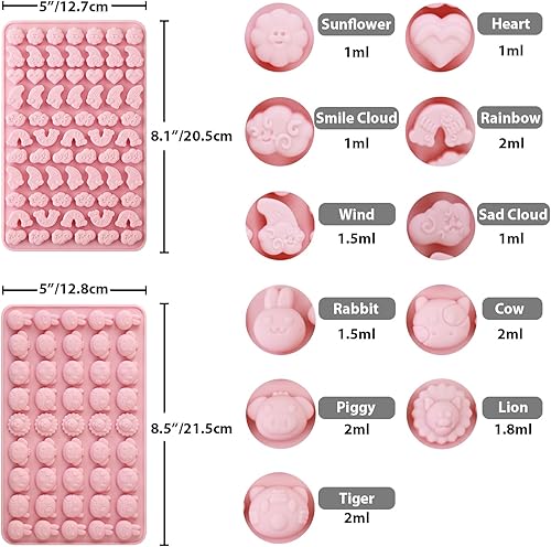 Miniatura 2 de Moldes de silicona de animales y flores, bandeja de gelatina de chocolate con 2 goteros que crea 260 alpaca, trébol, animales, arco iris y nube,