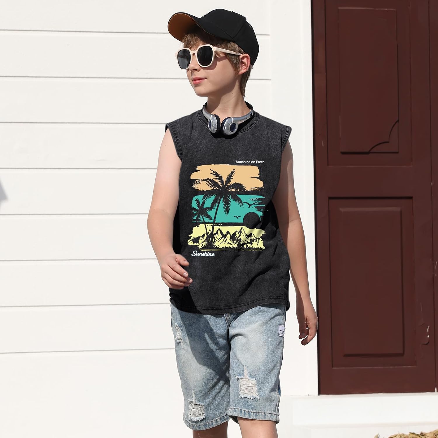 Boys Beach Graphic Tank Tops Hawaiian Tank Top Palm Tree Shirt Cotton Acid Wash Summer Sleevesless Tshirt