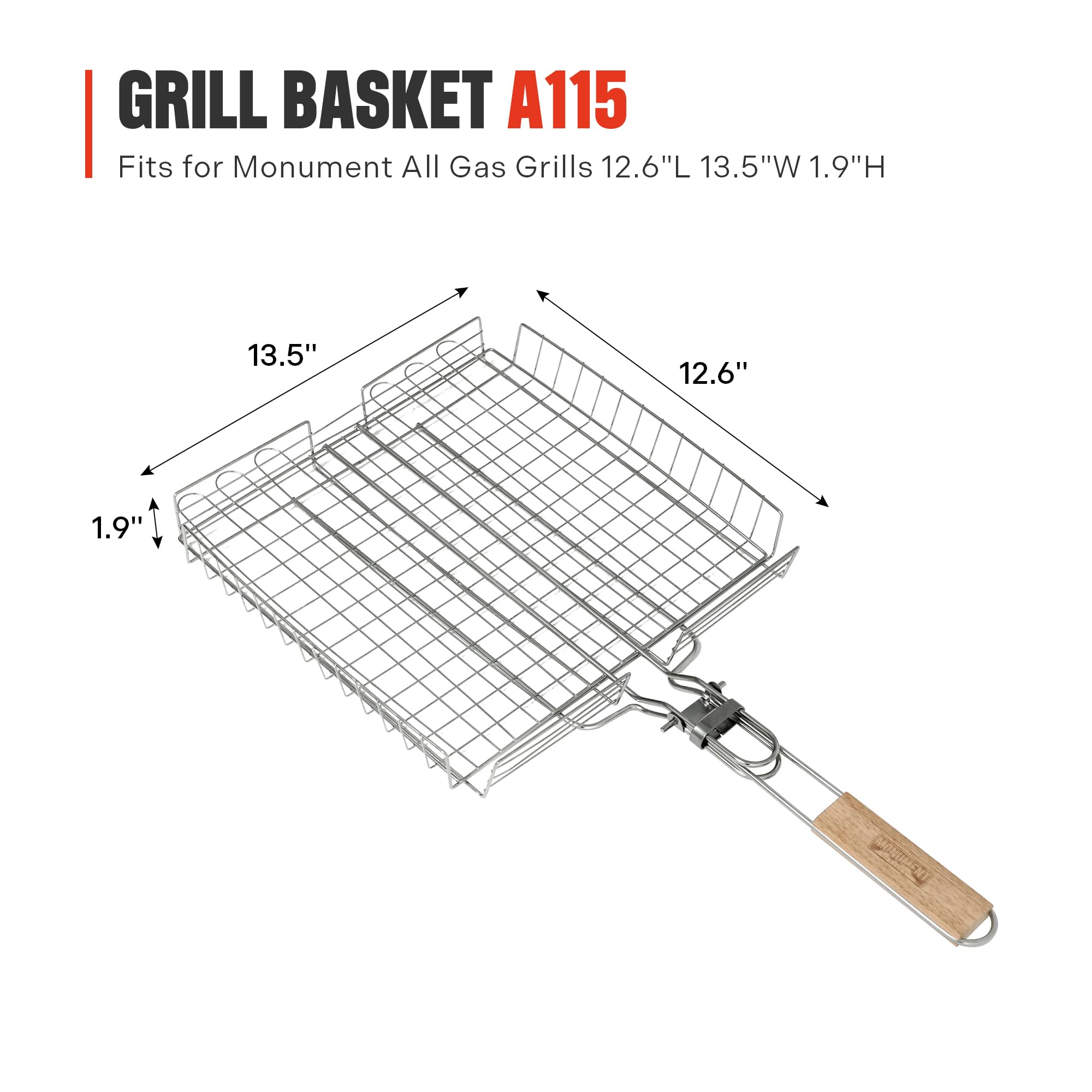 Monument Grills Edelstahl-Grillkörbe A115 für BBQ, mit abnehmbarem Griff, gleichmäßiges Erhitzen für Fisch, Gemüse, Burger, Camping & Kochen im Freien, 65 x 34,3 x 4,7 cm