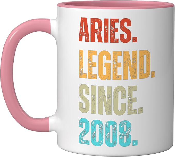 Aries Legend Since 2008 Retro Zodiac Sign Birthday Ceramic Mug, Pink/White