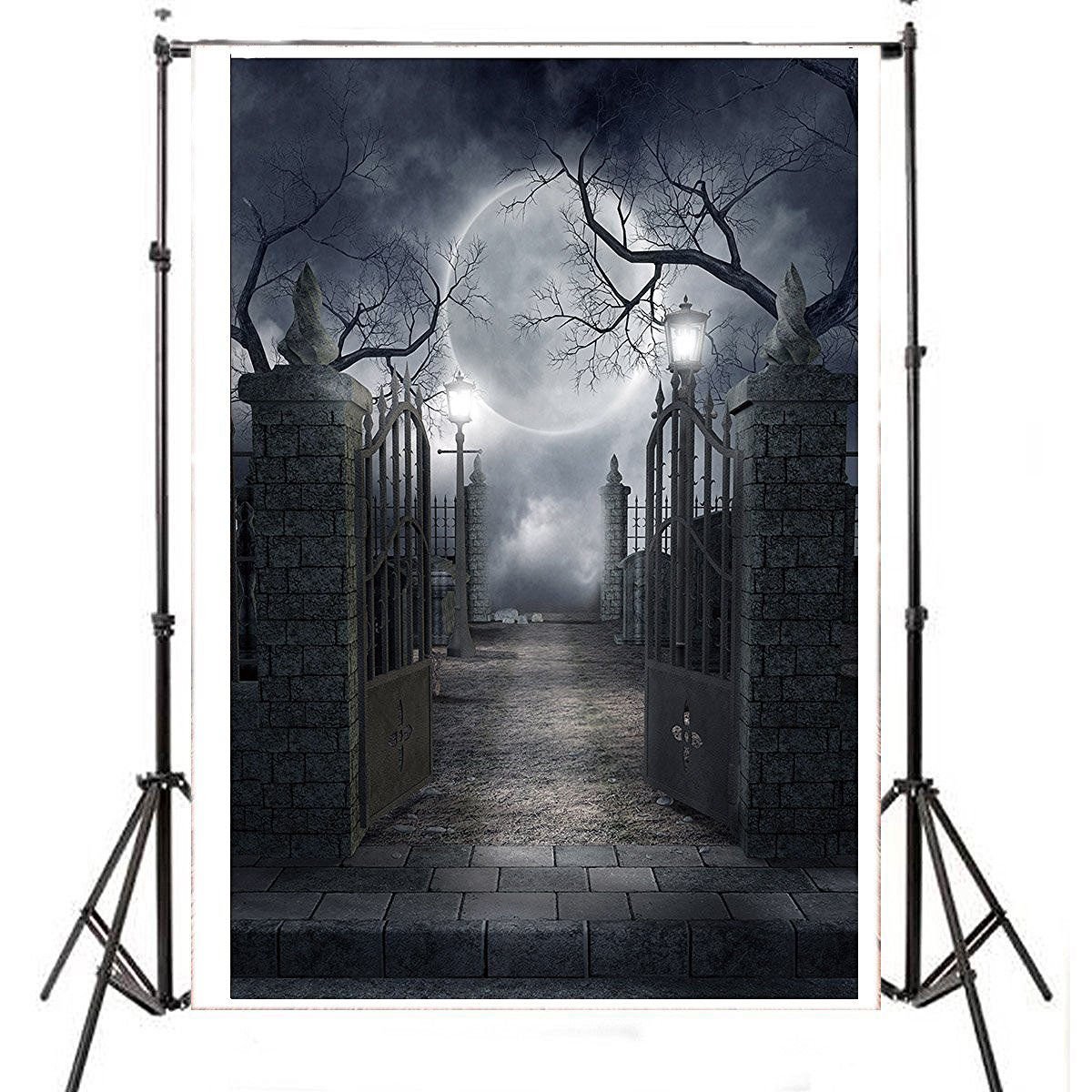 Haosphoto 5X7FT/150X210cm Halloween Backdrop Horror Moon Night Backdrops Gothic Gate Brick Floor Trick or Treat Photography Background for Masquerade and Costume Party Photo Studio Props AP28 - Image 2