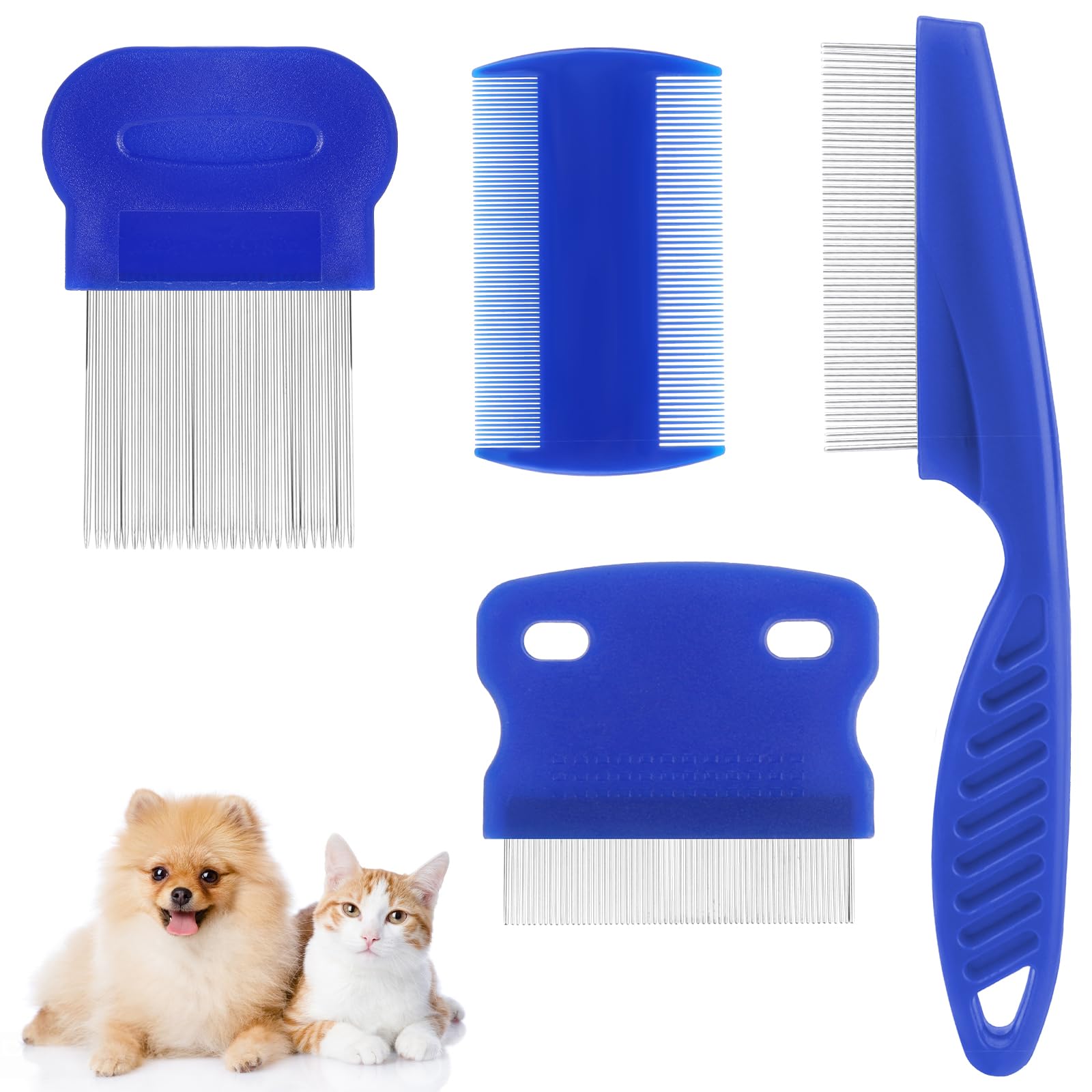 Molain Lot de 4 peignes anti-poux en métal pour chat et chien - Peigne anti-puces en plastique double face - Peigne anti-poux en acier inoxydable - Peigne à poux en métal - Bleu