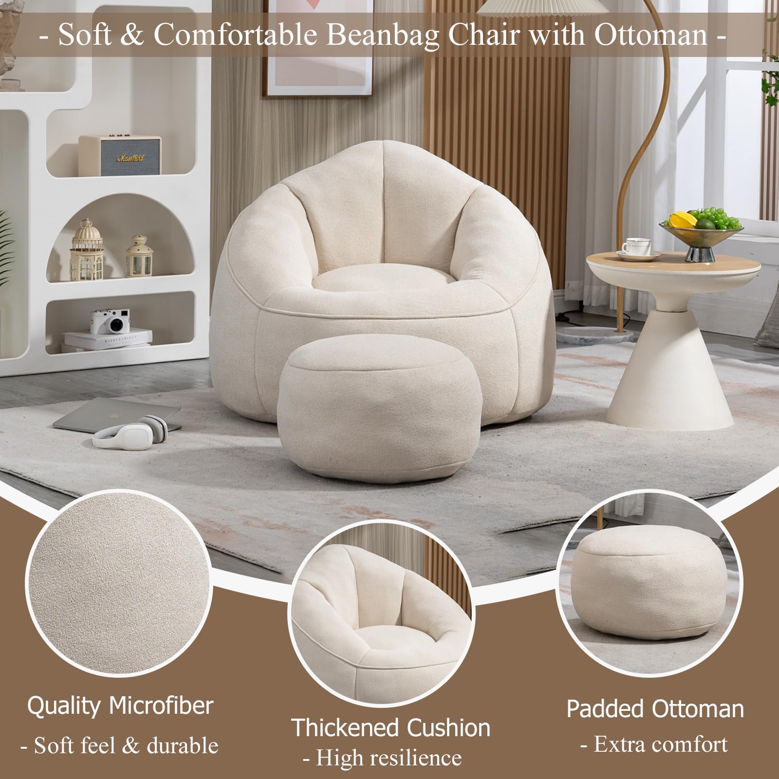 Bean Bag Chair with Ottoman, Comfy Beanbag Chair for Adults with Memory Foam Filler, Lazy Bean Bag Sofa with Stool, Cozy Lounge Chair for Teens and Kids to Reading, Gaming and Watching TV (Beige)