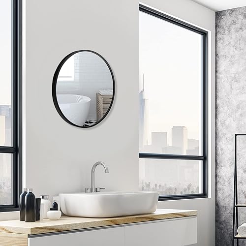 Miniatura 9 de Tangkula Espejo redondo para colgar en la pared de 16 pulgadas, espejo redondo de baño, espejo circular con marco de metal montado en la pared,