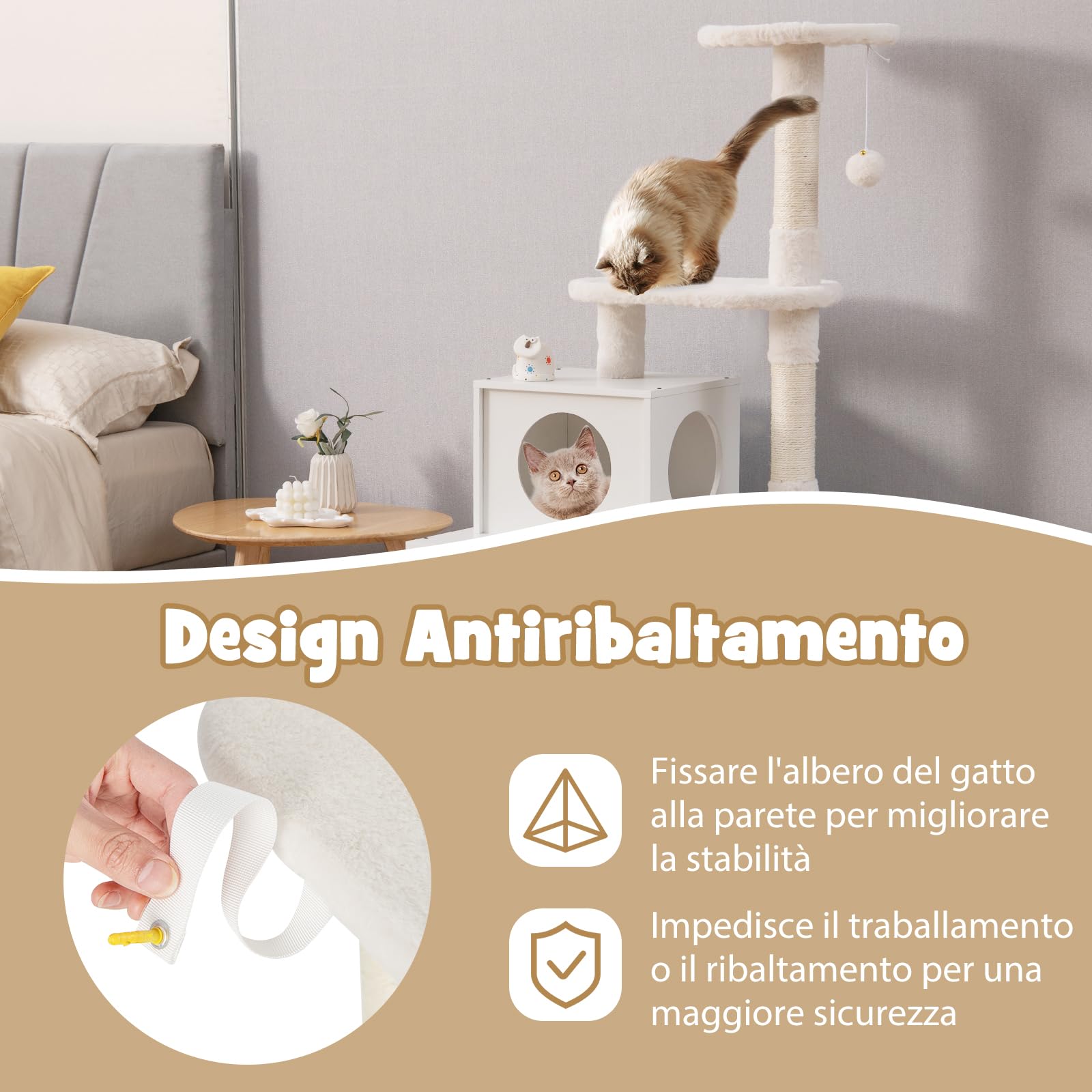 COSTWAY Tiragraffi per Gatti Adulti con Rifugio ad Ante Nascosto, Torre per Gatti con Cuccia, Piattaforma, Cuscini e Tiragraffi, Albero per Animali Grandi Alto in Legno, 77,5 x 49 x 132 cm (Bianco)
