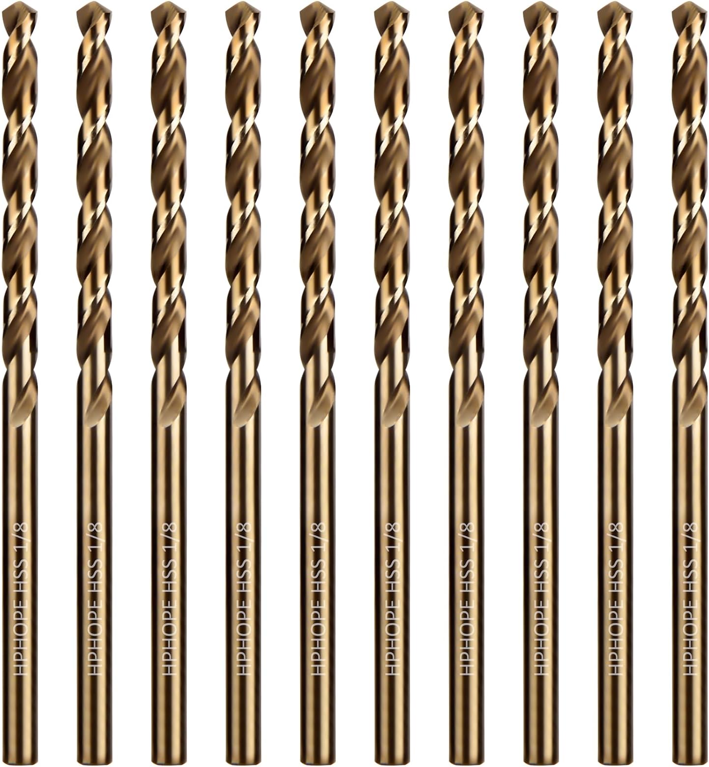 - 1/8 Inch HSS Twist Drill Bits 10Pcs, HPHOPE 1/8" Jobber Drill Bits Set, Straight Round Shank, Suitable for Drilling in Hard Metal, Stainless Steel, Cast Iron